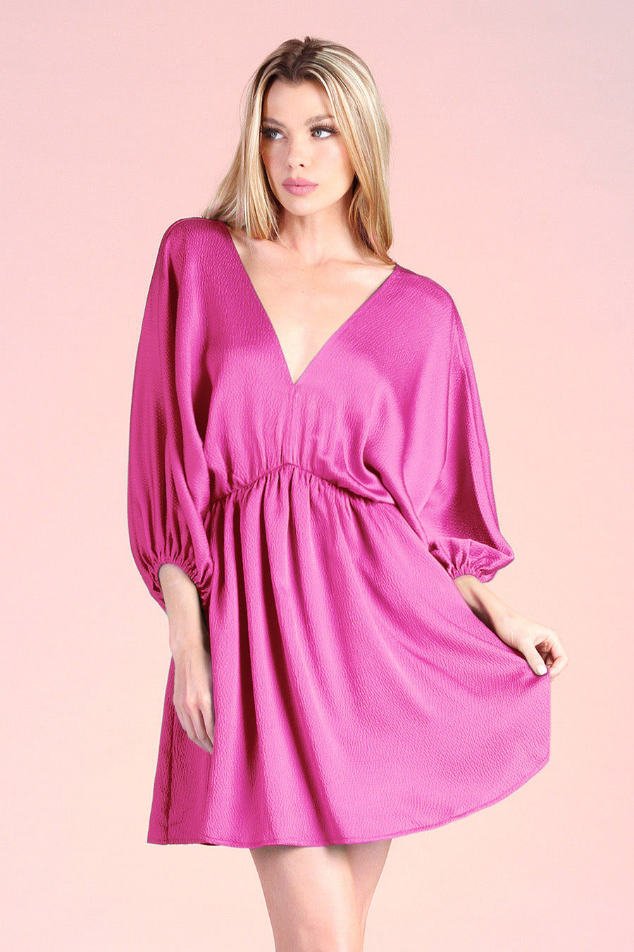 Hammered Satin Kimono Sleeve Dress Pink / Large