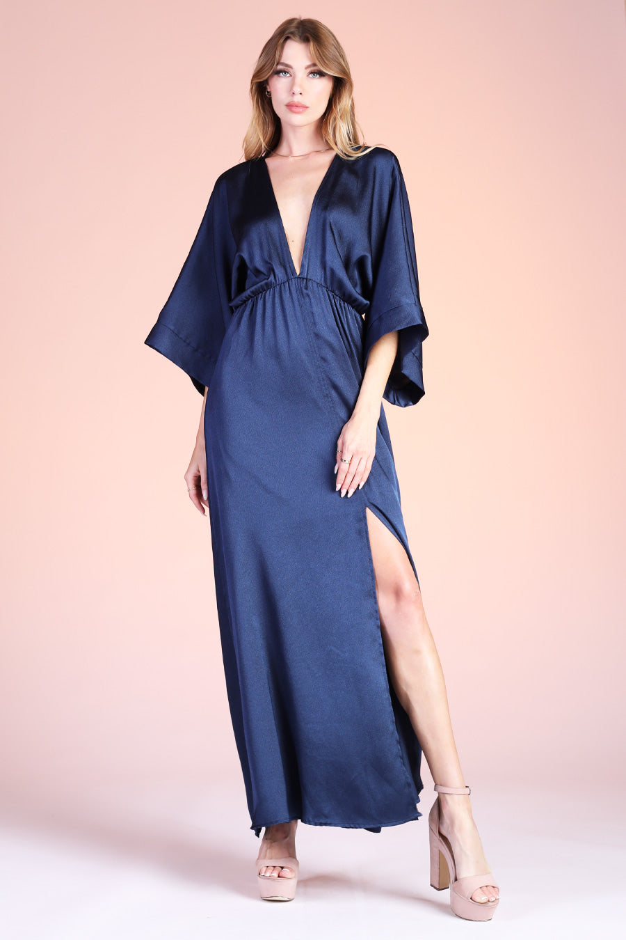 Center Split Shiny Hammered Satin Maxi Dress Navy / Small