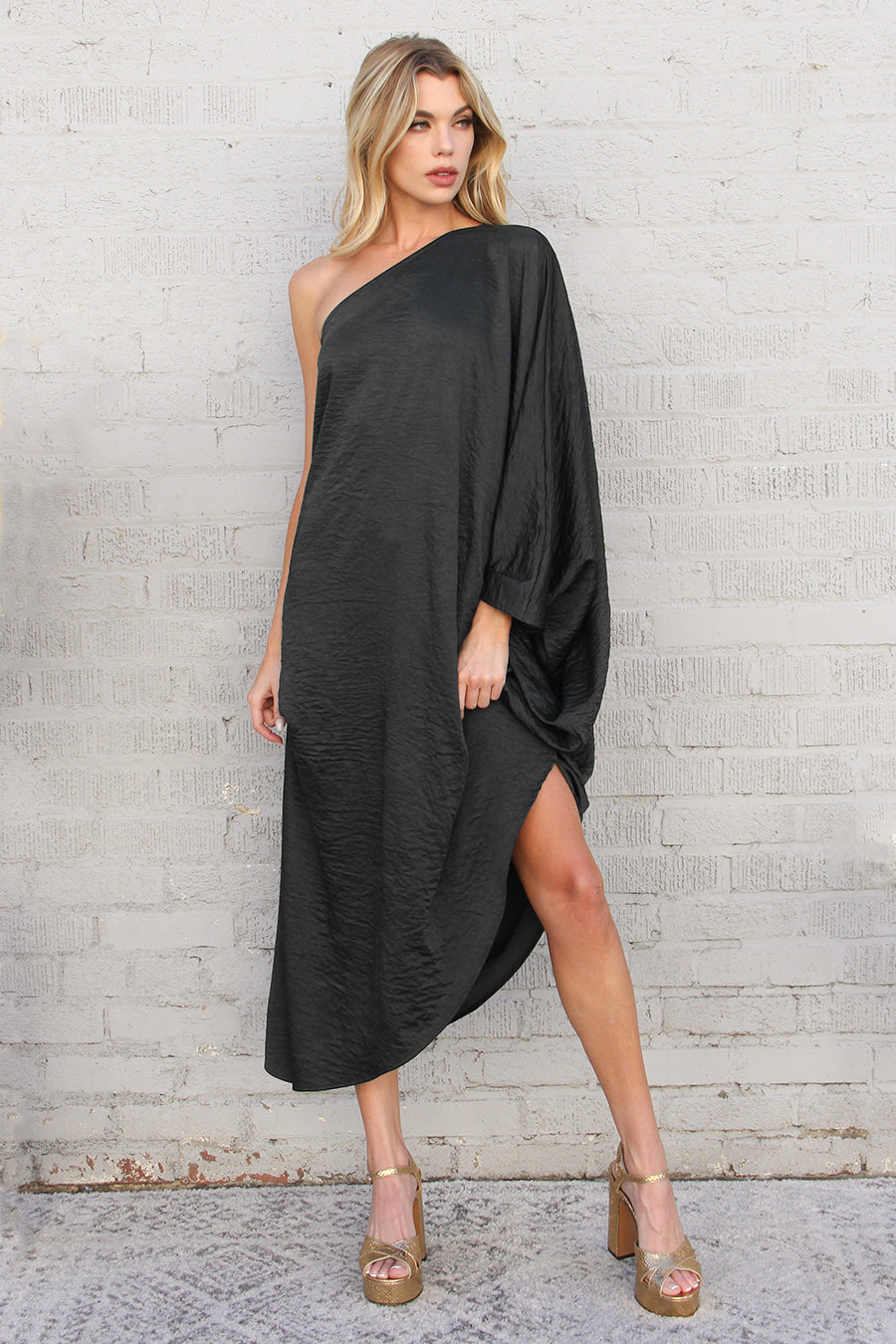 Washed Satin Crepe Asymmetrical One Sleeve Dress Black / Small Washed Satin Crepe Asymmetrical One Sleeve Dress Black / Small