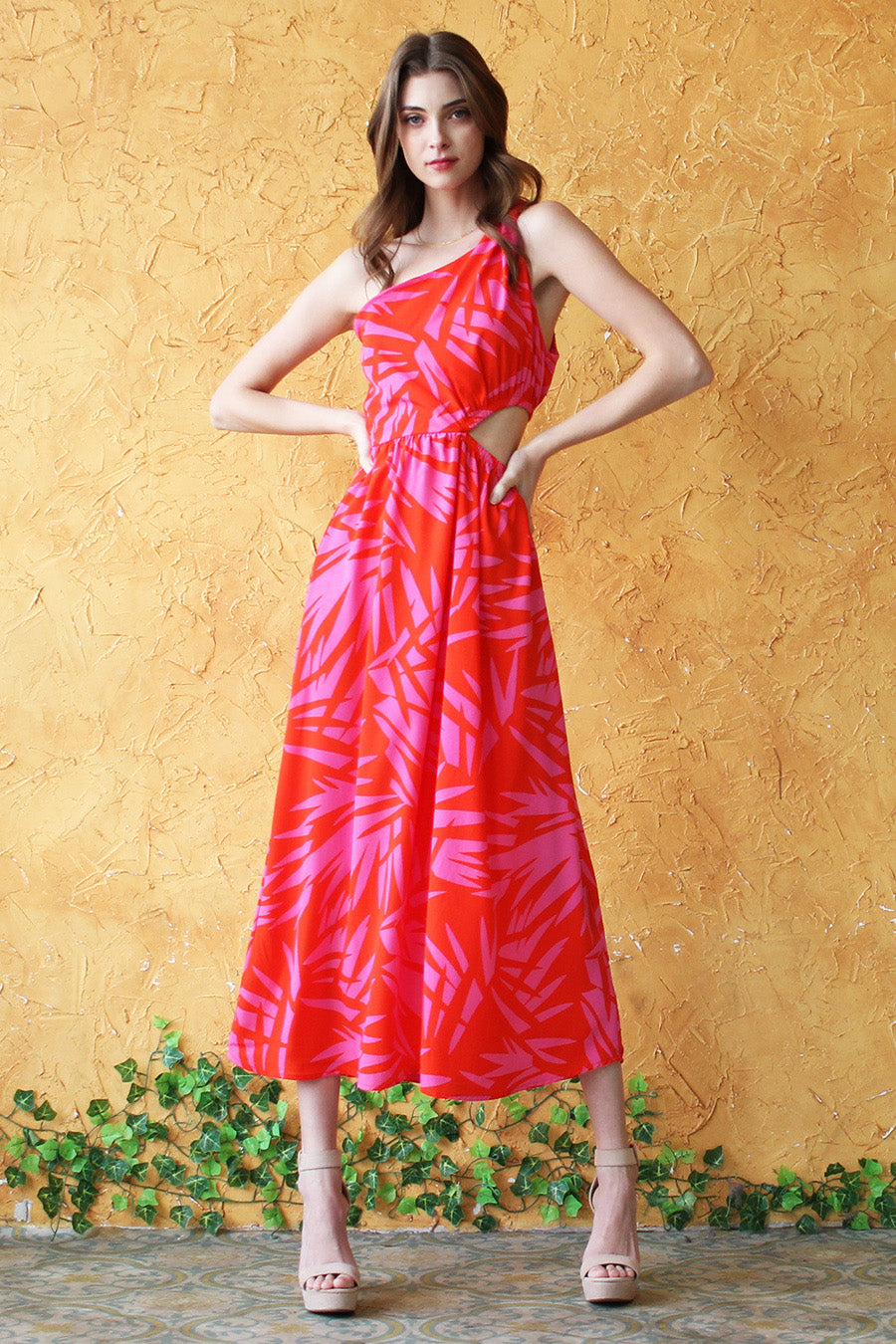 edgy midi dress Edgy Leaf One Shoulder Midi Dress Red Pink / Small