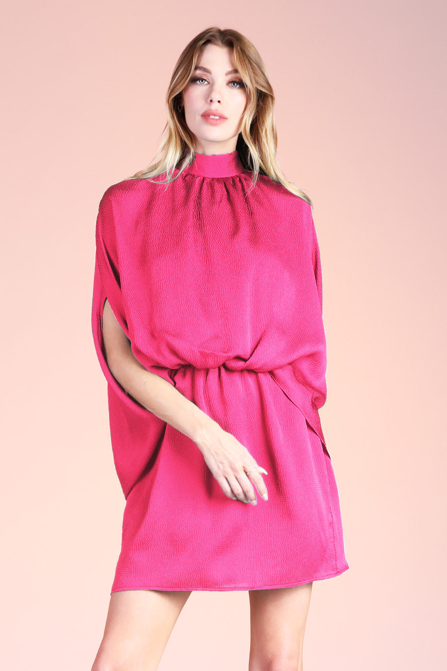 Hammered Satin Mock Neck Caftan Mini Dress Raspberry / Small