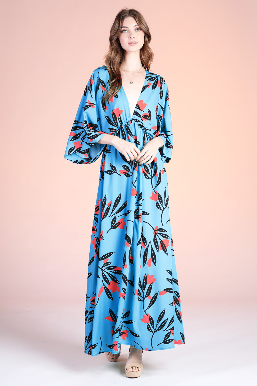 Havana Fern Kimono Maxi Dress Blue / Large