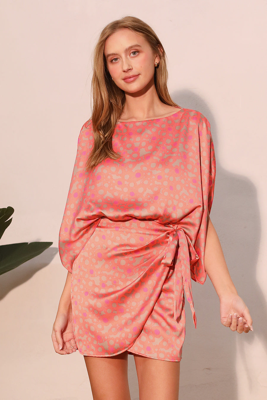 knee length dresses for ladies Aster Satin Boat Neck Wrap Dress Coral / Small