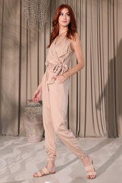 Washed Satin Crepe Surplice Wrap Jumpsuit