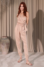Washed Satin Crepe Surplice Wrap Jumpsuit