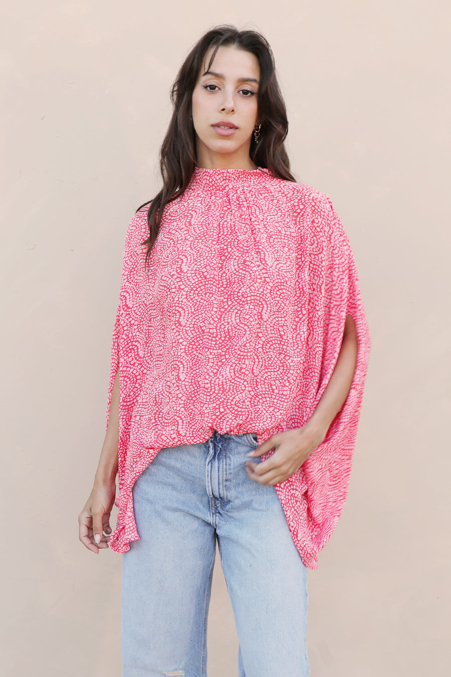 Textured Solid Mock Neck Caftan Jumpsuit