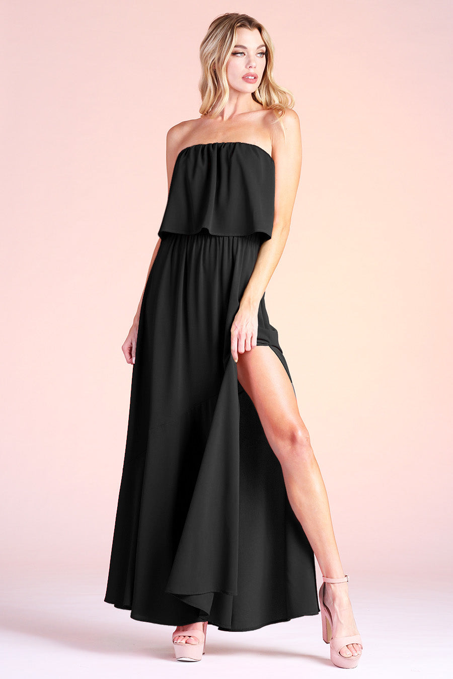 Side Slit Strapless Maxi Dress