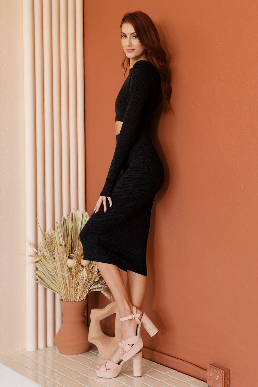 Ribbed Knit Cut Out Bodycon Dress Charcoal / Small