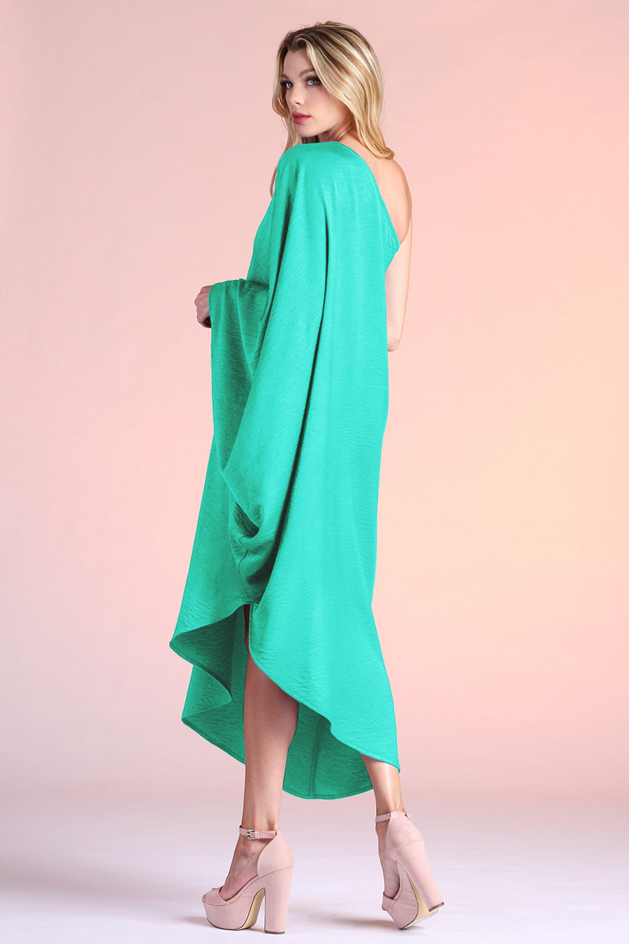 Washed Satin Crepe Asymmetrical One Sleeve Dress