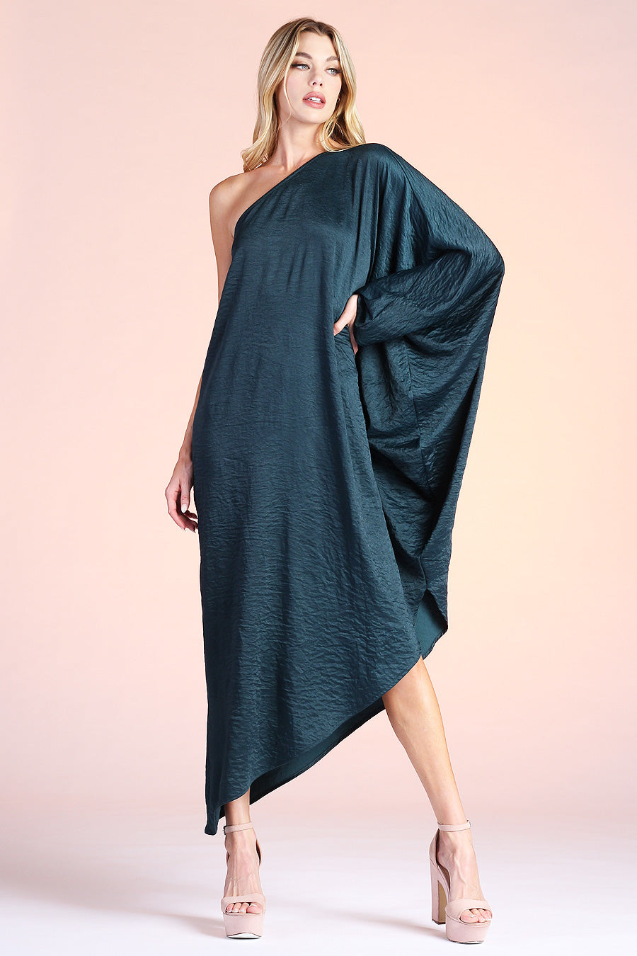 Washed Satin Crepe Asymmetrical One Sleeve Dress