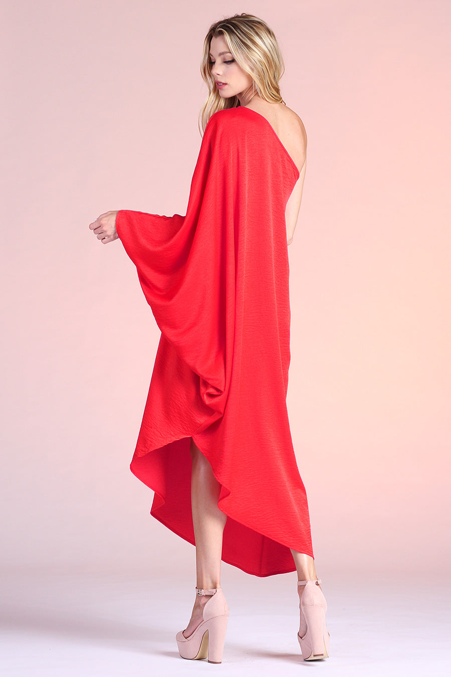 Washed Satin Crepe Asymmetrical One Sleeve Dress