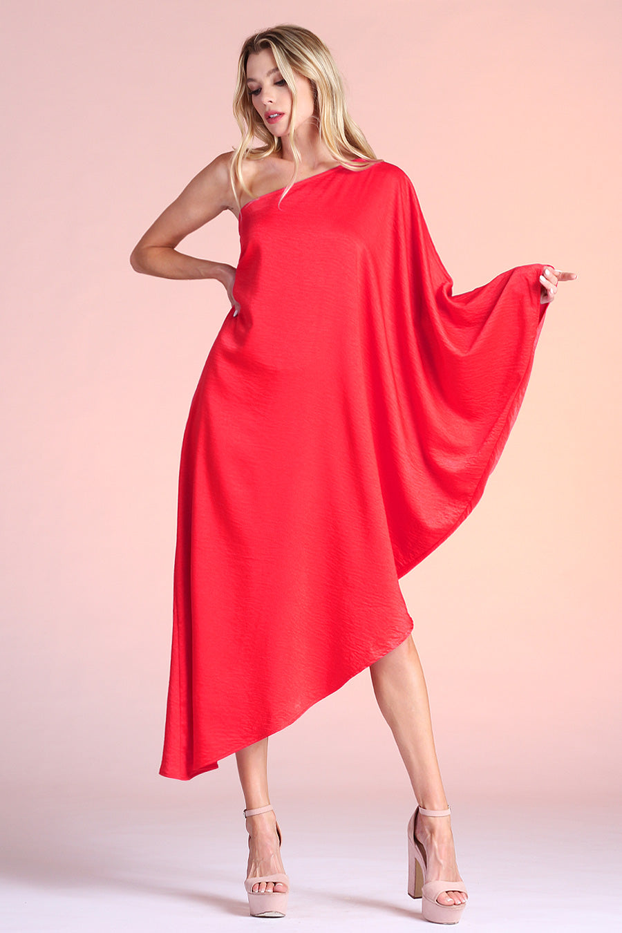 Washed Satin Crepe Asymmetrical One Sleeve Dress