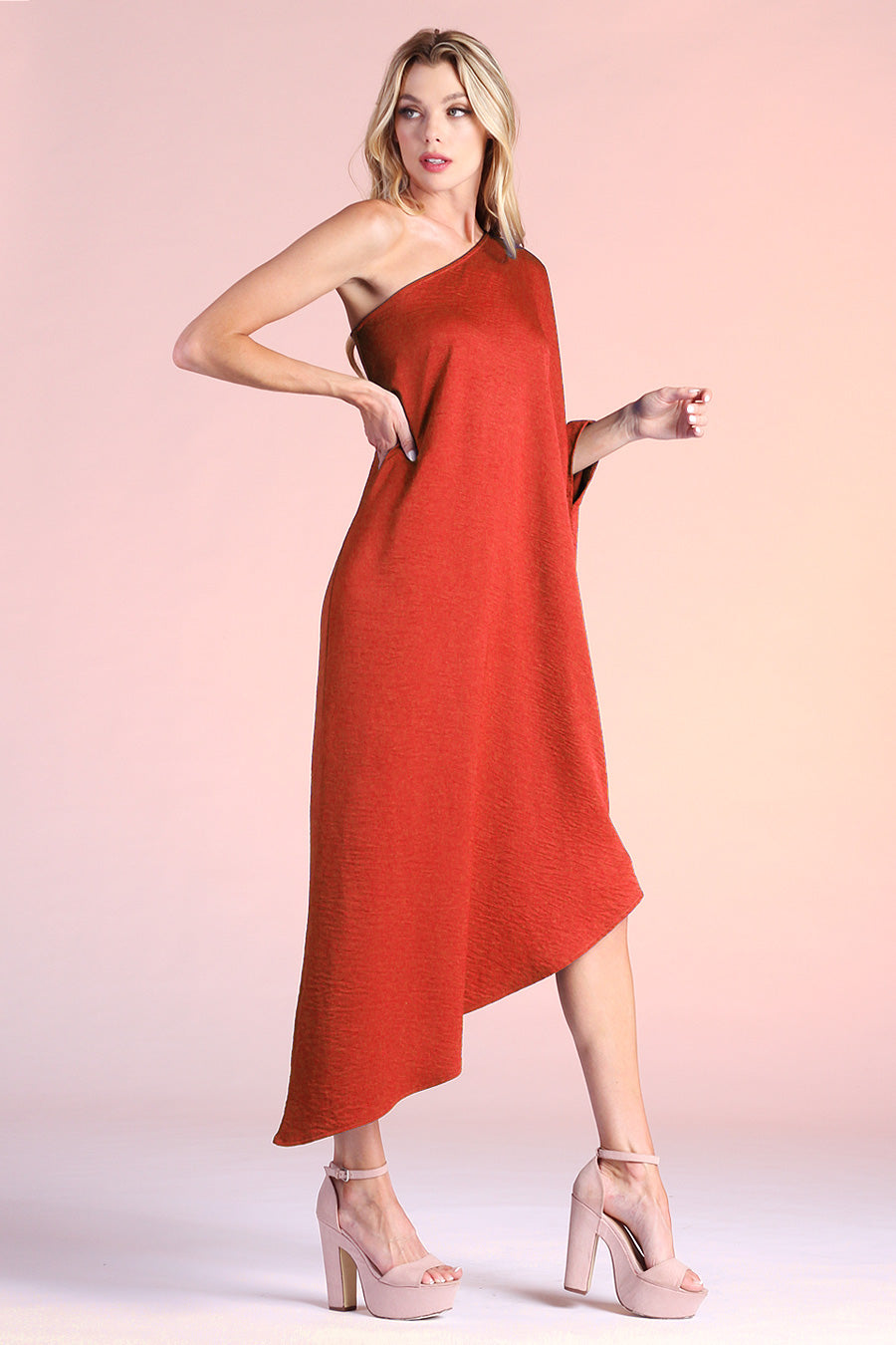 Washed Satin Crepe Asymmetrical One Sleeve Dress