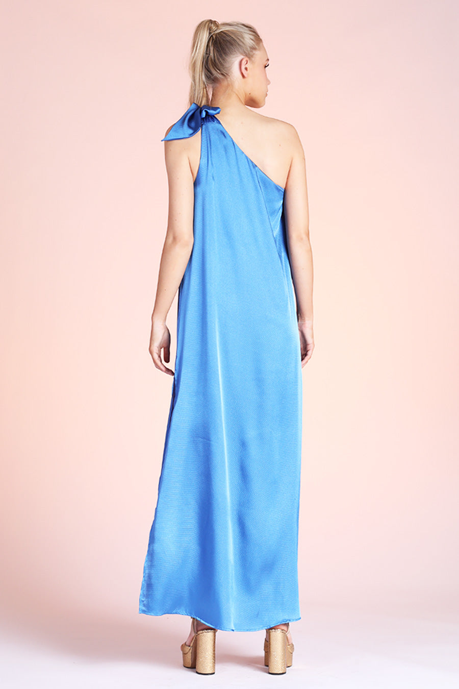 Shiny Hammered Satin One Shoulder Maxi Dress