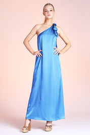 Shiny Hammered Satin One Shoulder Maxi Dress