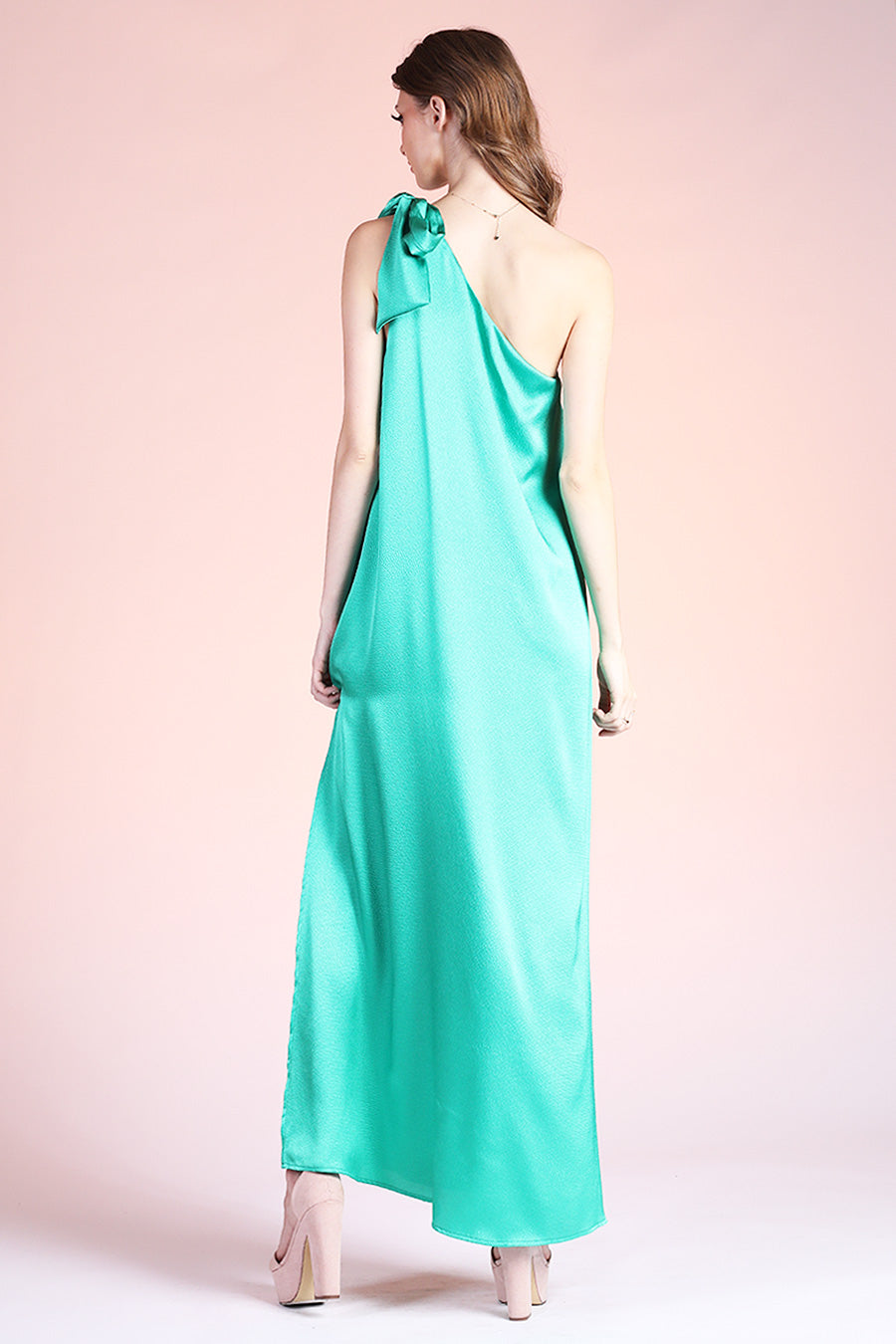 Shiny Hammered Satin One Shoulder Maxi Dress