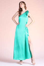 Shiny Hammered Satin One Shoulder Maxi Dress