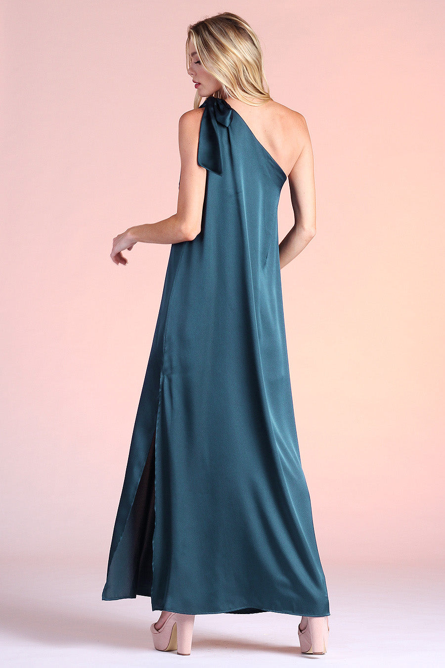 Shiny Hammered Satin One Shoulder Maxi Dress