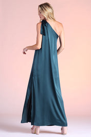 Shiny Hammered Satin One Shoulder Maxi Dress