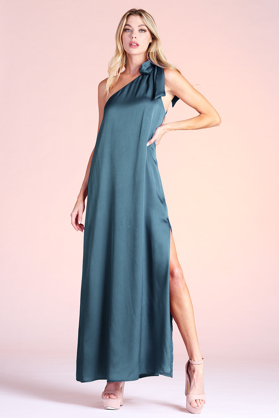 Shiny Hammered Satin One Shoulder Maxi Dress