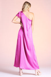 Shiny Hammered Satin One Shoulder Maxi Dress