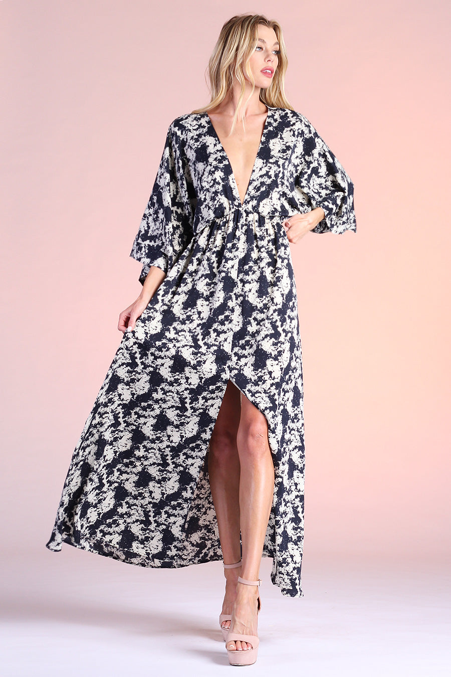 Stormy Houndstooth Kimono Maxi Dress