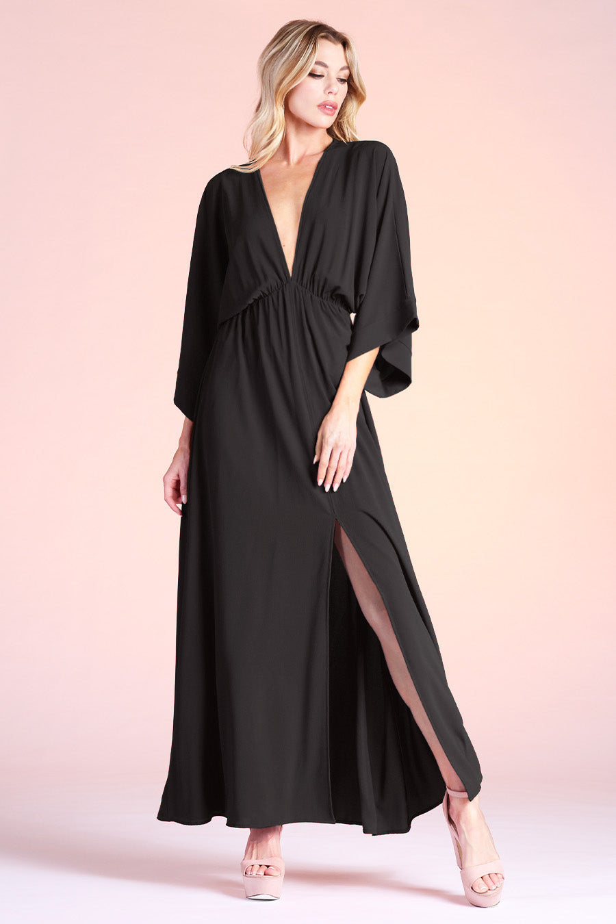 fitted lace wedding dress Center Split Maxi Dress Black / Small
