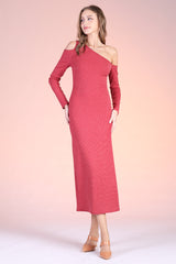 Heavy Ribbed Knit Asymmetrical Ankle Maxi Dress
