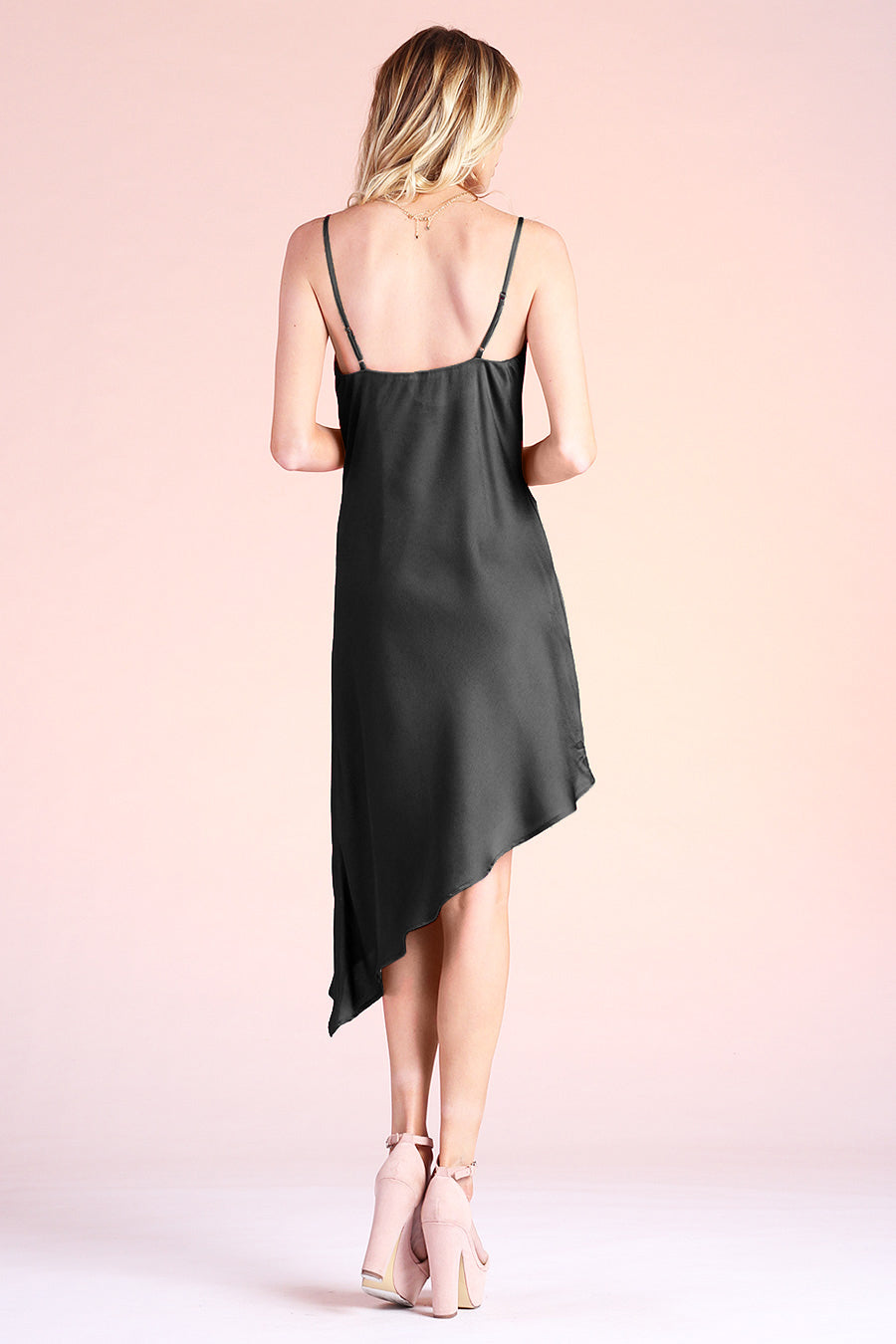 Silky Satin Cowl Neck Asymmetrical Midi Dress