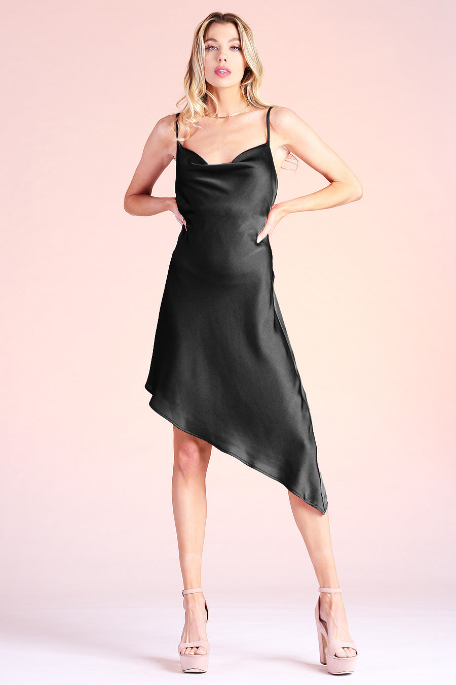 Silky Satin Cowl Neck Asymmetrical Midi Dress