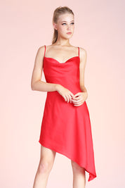 Silky Satin Cowl Neck Asymmetrical Midi Dress