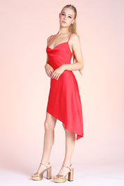 Silky Satin Cowl Neck Asymmetrical Midi Dress