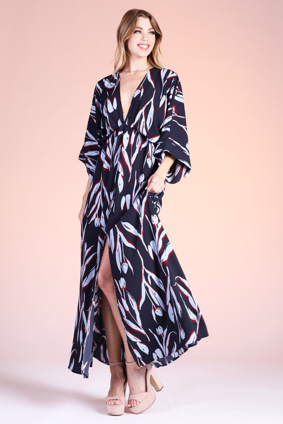 Tulip Print Kimono Maxi Dress