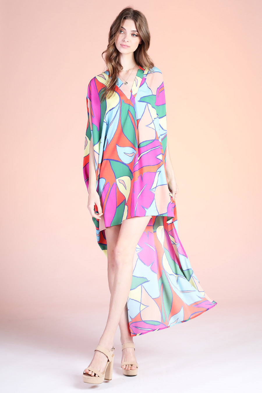 Tropical Paradise Notched High Low Caftan Dress