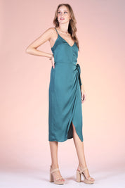 Washed Poly Silk Wrap Skirt Midi Dress