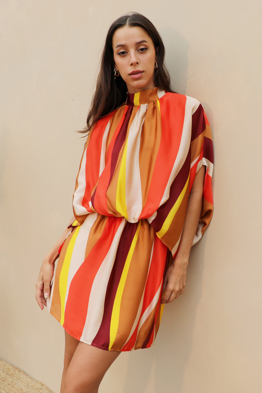 Sunset Wonders Mock Neck Caftan Mini Dress