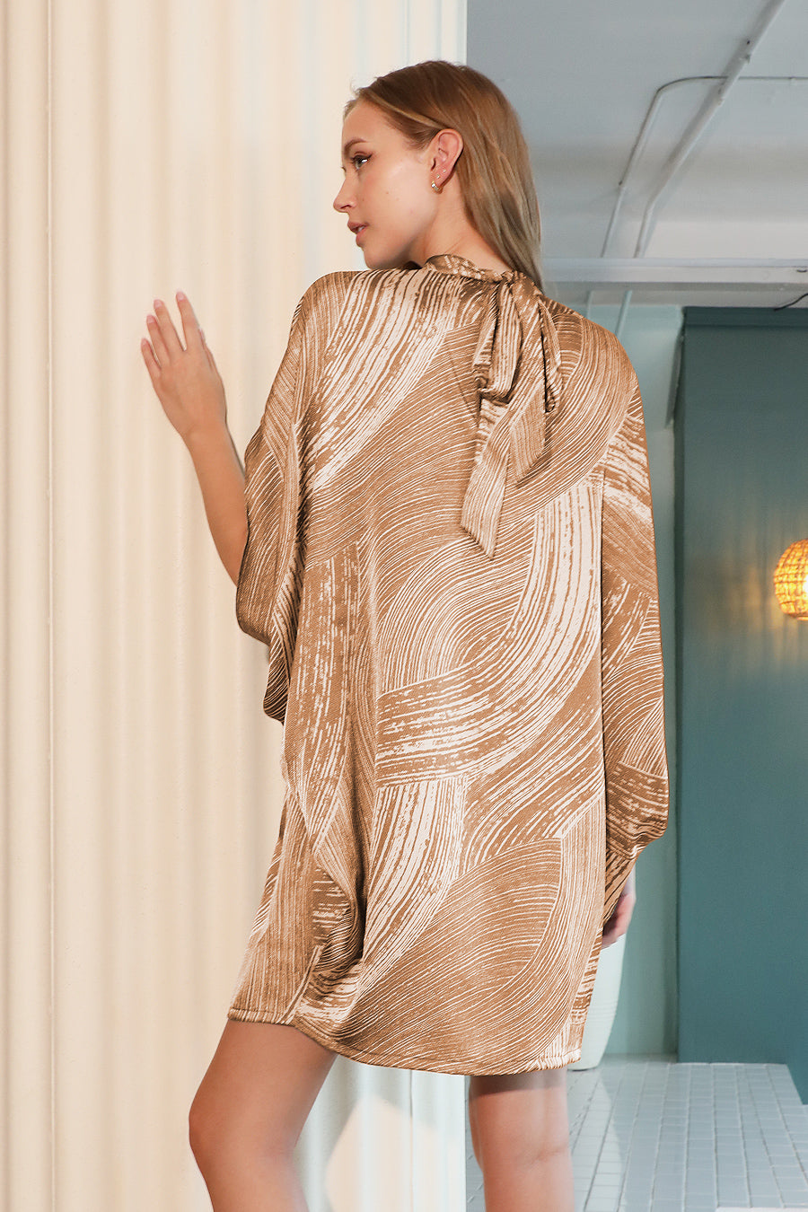 Barcelona Satin Mock Neck Caftan Shift Dress