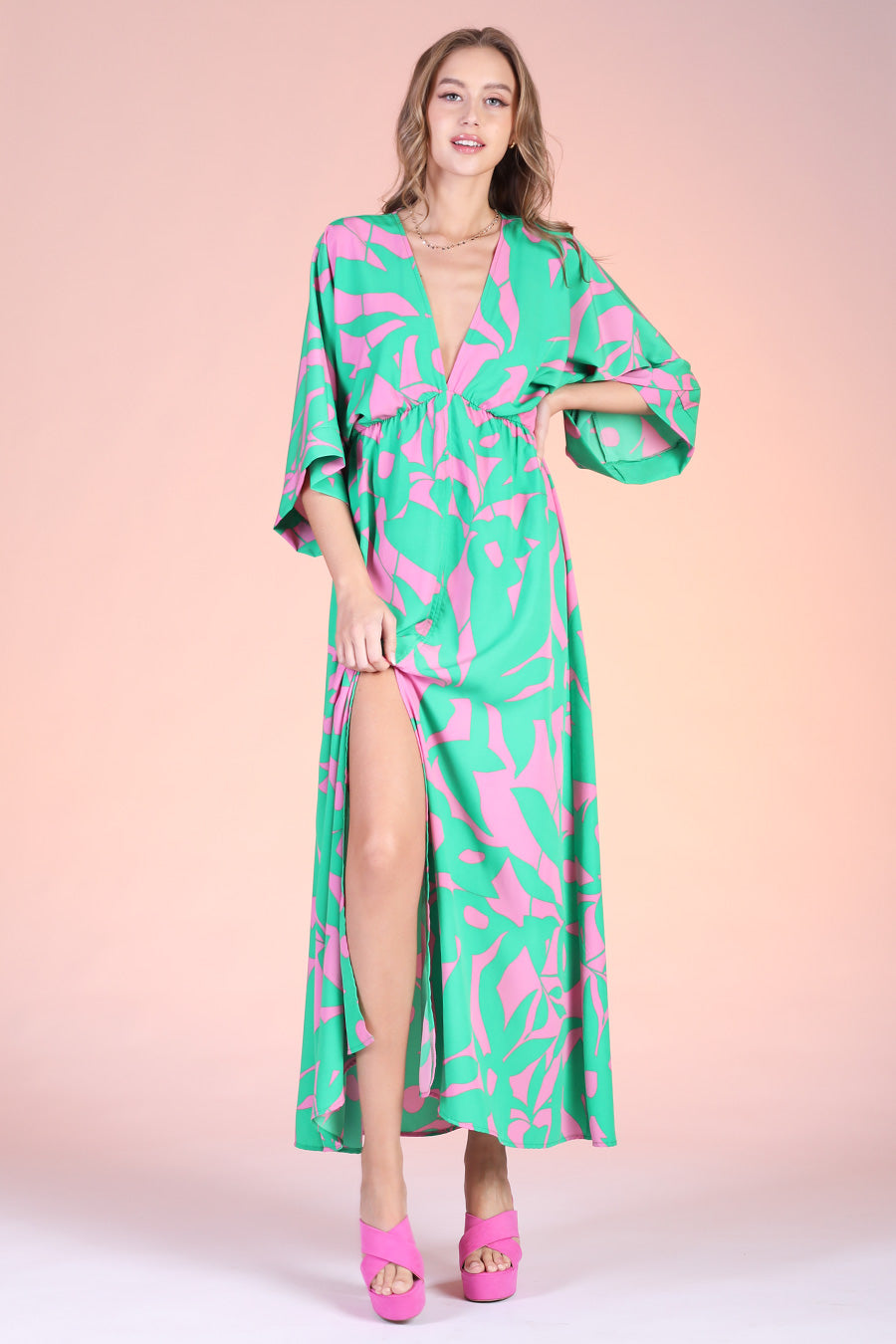 Bold Tropics Kimono Maxi Dress Green / Medium