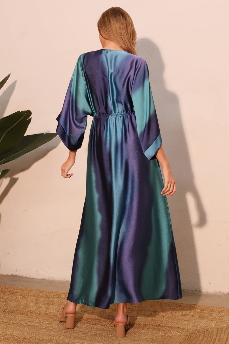 Ombre Satin Kimono Maxi Dress