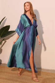 Ombre Satin Kimono Maxi Dress