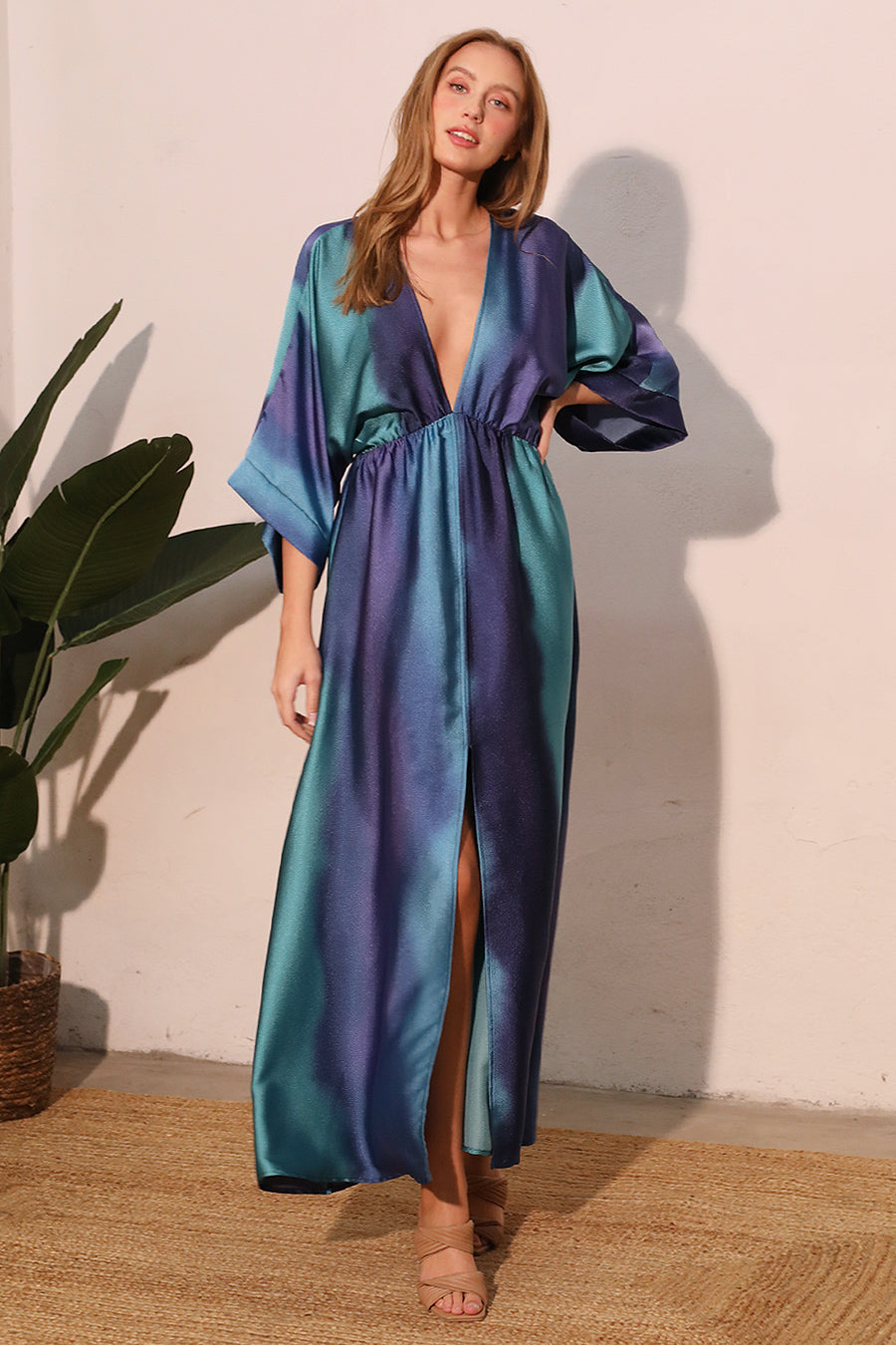 Ombre Satin Kimono Maxi Dress