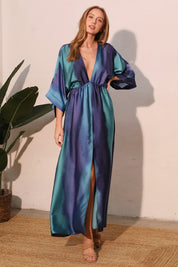 Ombre Satin Kimono Maxi Dress