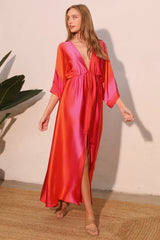 Ombre Satin Kimono Maxi Dress