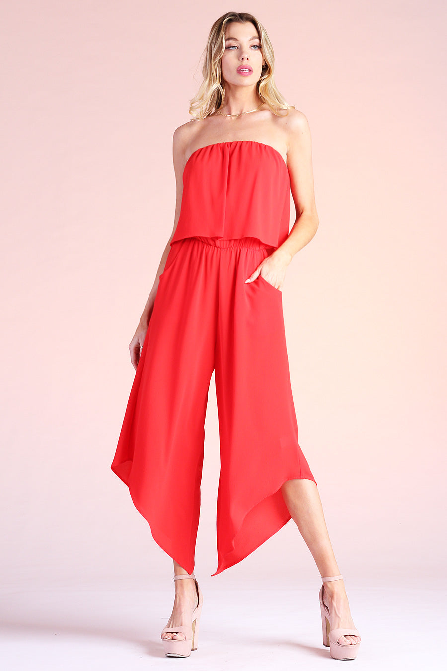 Slanted Hem Strapless Jumpsuit