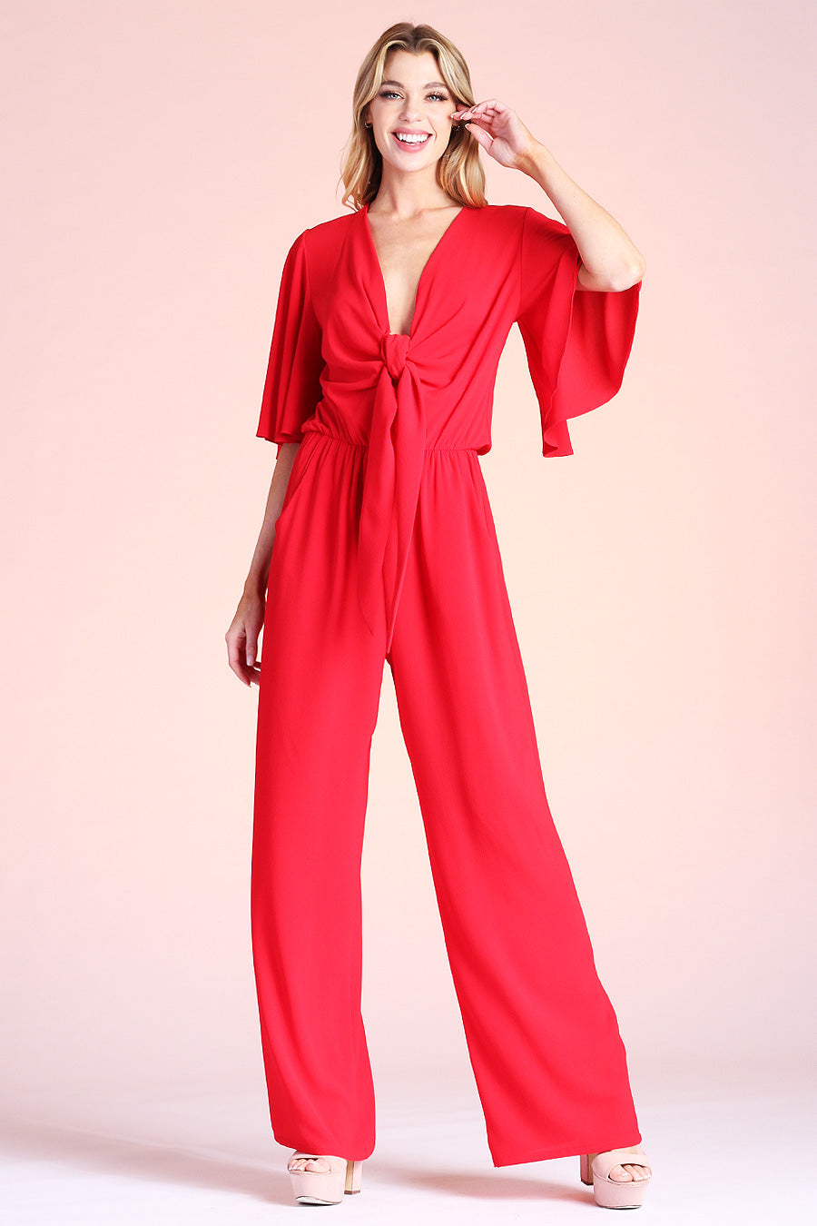 Front Tie Sleeved Jumpsuit