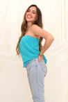 monique lazaro brunette girl modeling turqiouse tube top