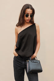 Shiny Hammered Satin One Shoulder Top