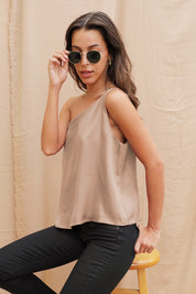 Shiny Hammered Satin One Shoulder Top