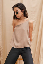 Shiny Hammered Satin One Shoulder Top