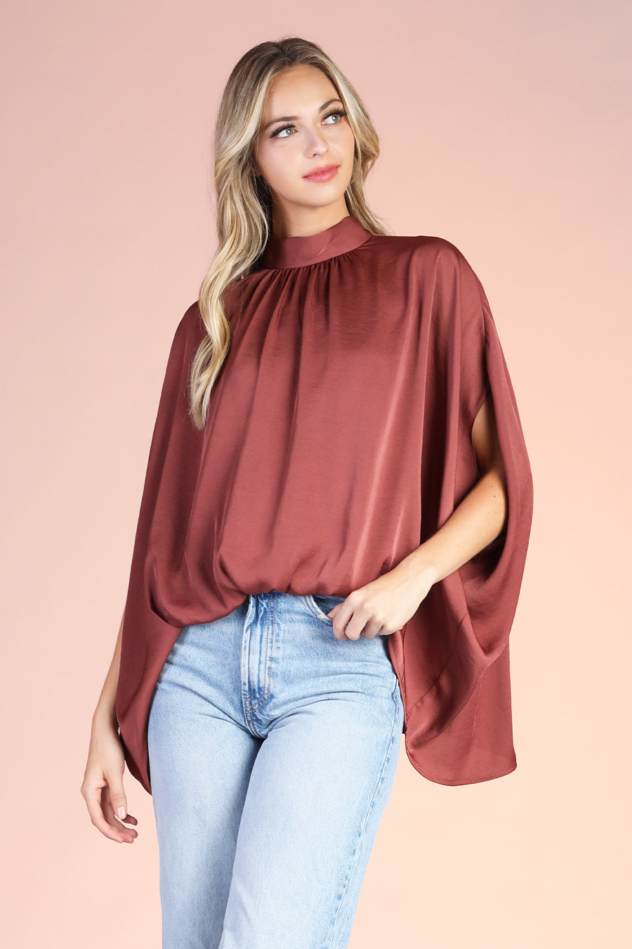 Washed Poly Silk Mock Neck Caftan Top